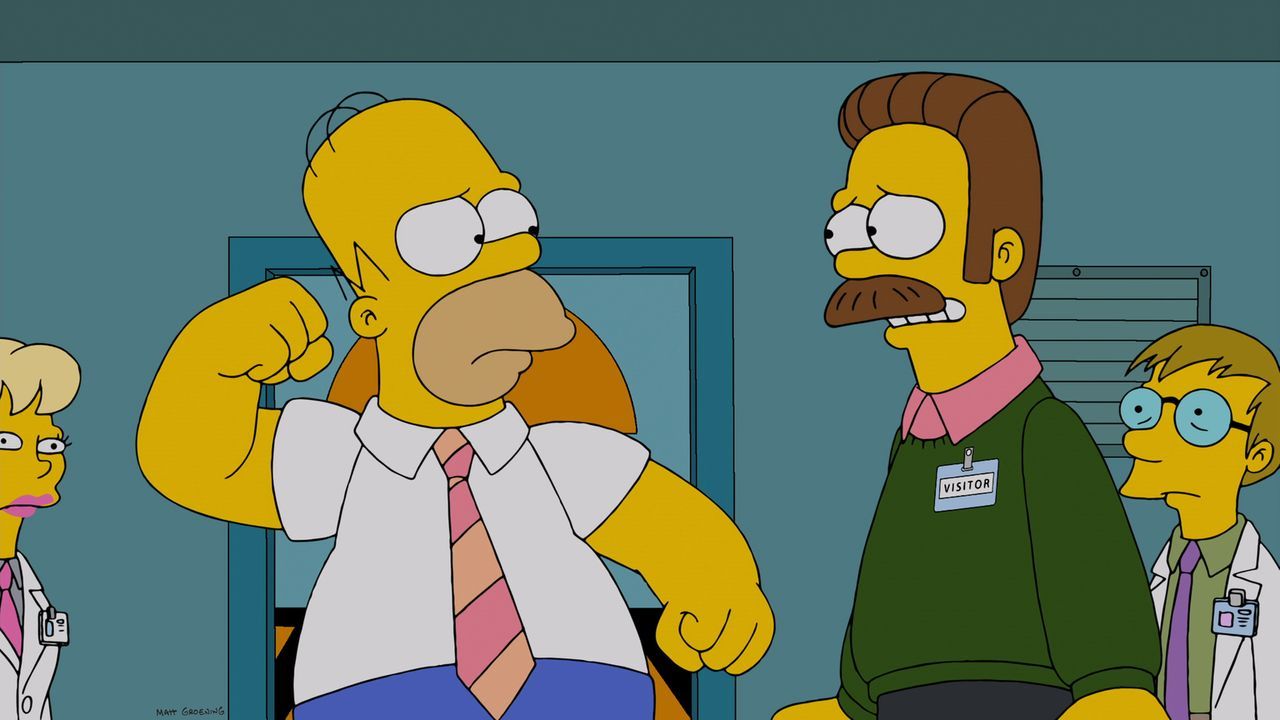 Flanders (2.v.r.) wird eifersüchtig, als seine lässigen Eltern beginnen, lieber Zeit mit Homer (2.v.l.) als mit ihm zu verbringen ... - Bildquelle: und TM Twentieth Century Fox Film Corporation - Alle Rechte vorbehalten