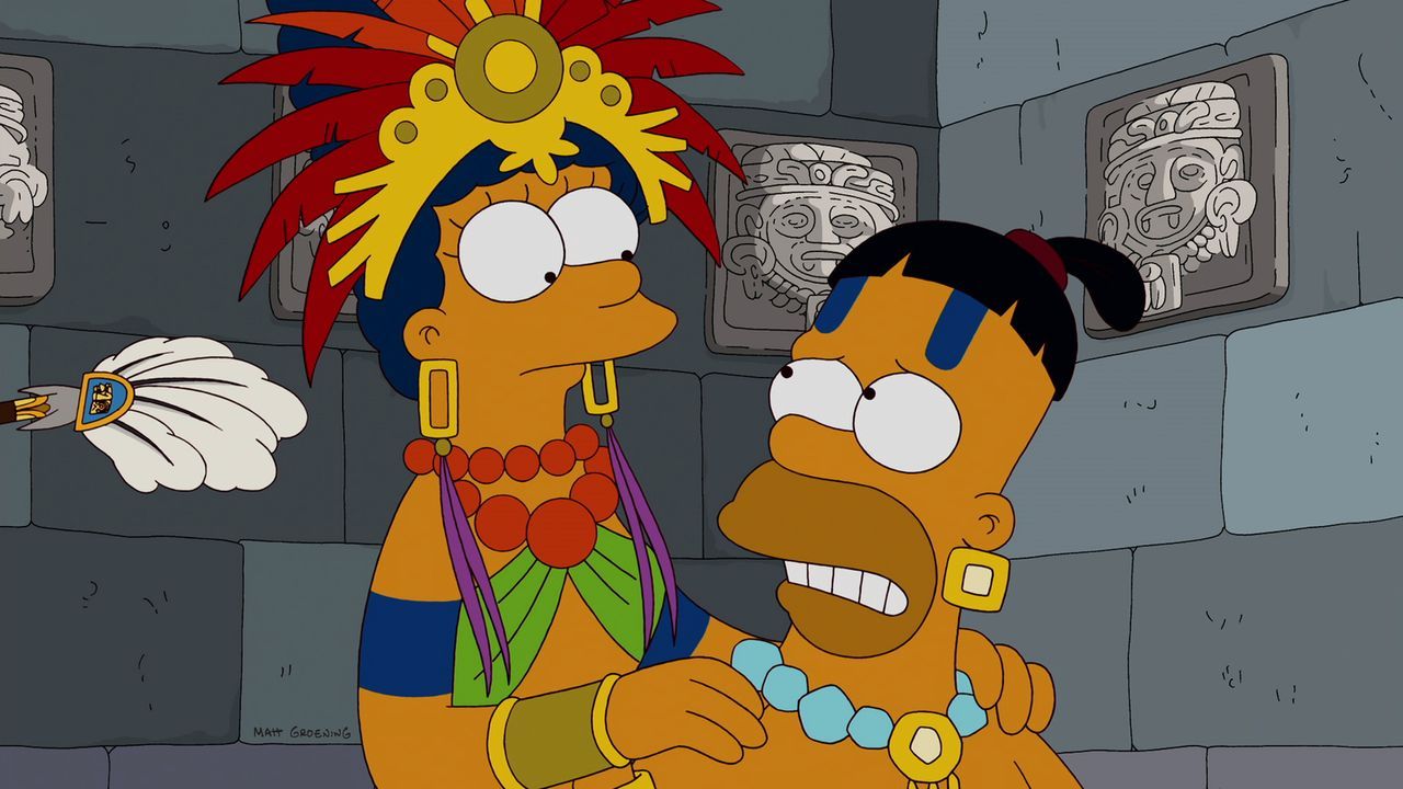 Haben den Weltuntergang prophezeit: die Mayas Marge (l.) und Homer (r.) ... - Bildquelle: 2012-2013 Fox and its related entities. All rights reserved