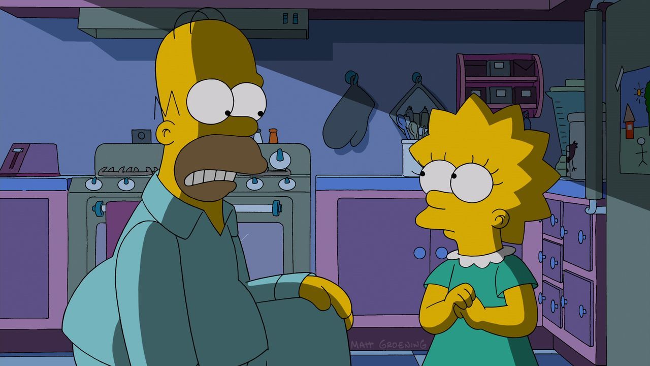 Lisa (r.) ist zwar erleichtert, dass ihr Vater Homer (l.) wieder da ist, doch er verhält sich äußerst merkwürdig. Lisa hegt einen Verdacht, was gesc... - Bildquelle: 2014 Twentieth Century Fox Film Corporation. All rights reserved.