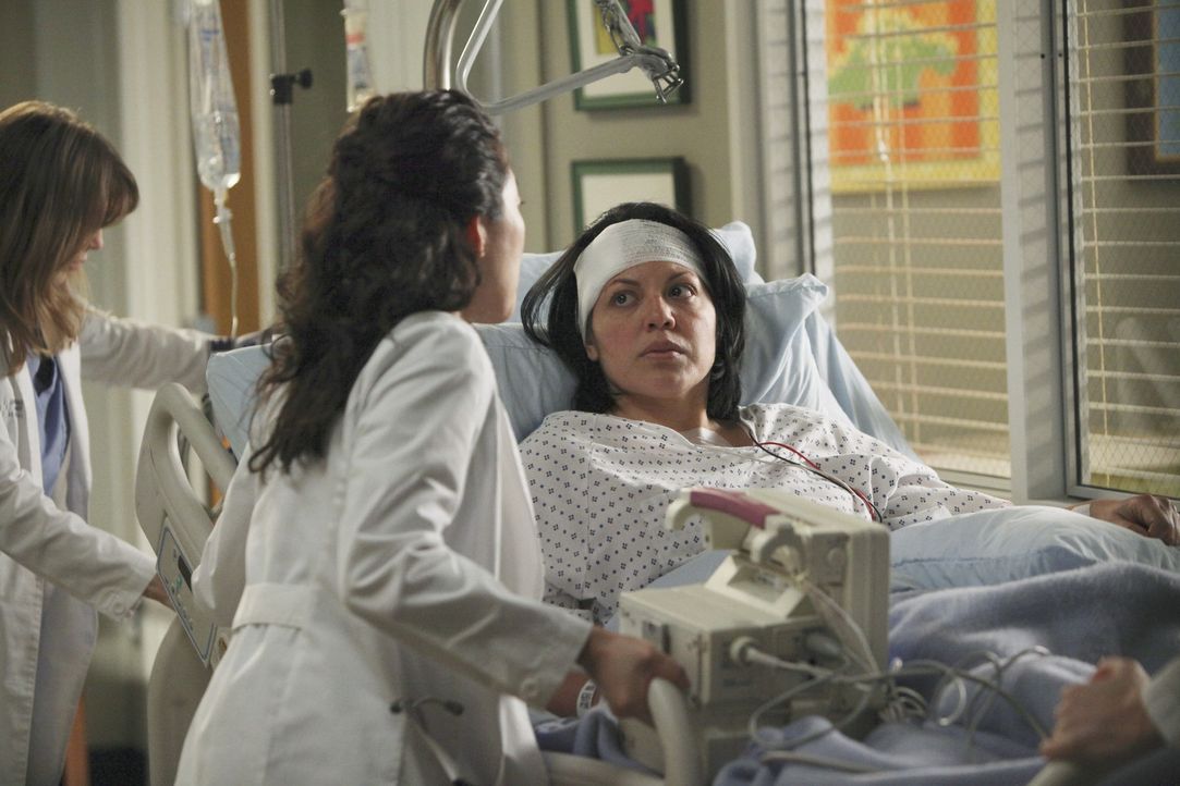 Meredith (Ellen Pompeo, l.) und Cristina (Sandra Oh, M.) stehen Callie (Sara Ramirez, r.) so gut sie können, bei ihrer Genesung bei ... - Bildquelle: ABC Studios