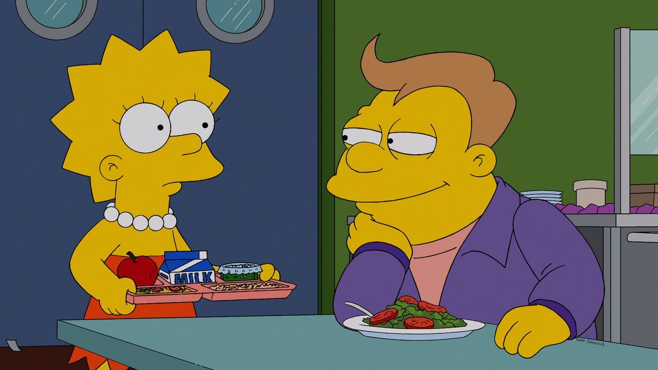 Lisa (l.) ist schwer verliebt in Lucas (r.), einen dicken und dümmlichen Mitschüler, der überhaupt nicht ihre Kragenweite ist. Marge erfährt von Pat... - Bildquelle: 2013 Twentieth Century Fox Film Corporation. All rights reserved.