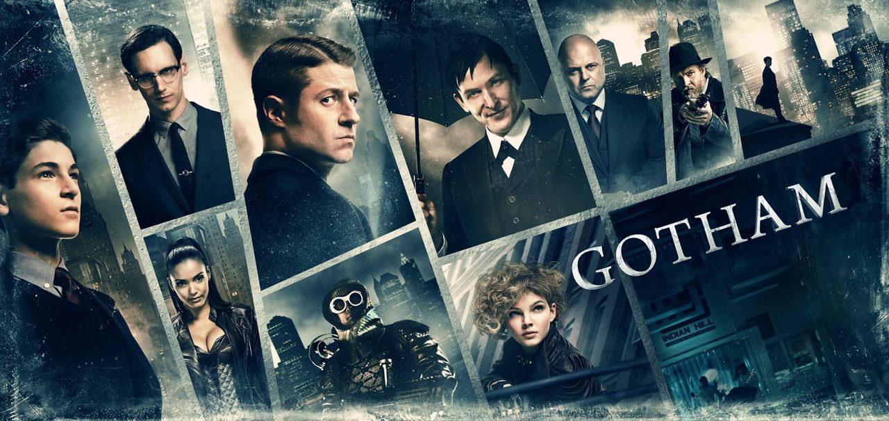 (2. Staffel) - Gotham: Bruce Wayne (David Mazouz, l.), Edward Nygma (Cory Michael Smith, oben l.), Gordon (Ben McKenzie, oben 2.v.l.), Penguin (Robi... - Bildquelle: Warner Brothers