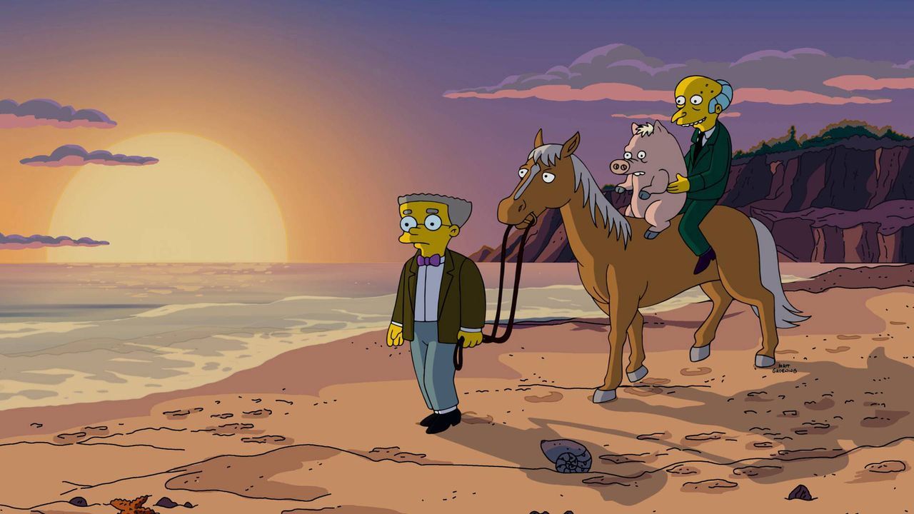 Wird das Familienschwein der Simpsons wirklich mit Mr. Burns (r.) in den Sonnenuntergang reiten und sich von Homer und seinem Zuhause verabschieden... - Bildquelle: 2016-2017 Fox and its related entities. All rights reserved.