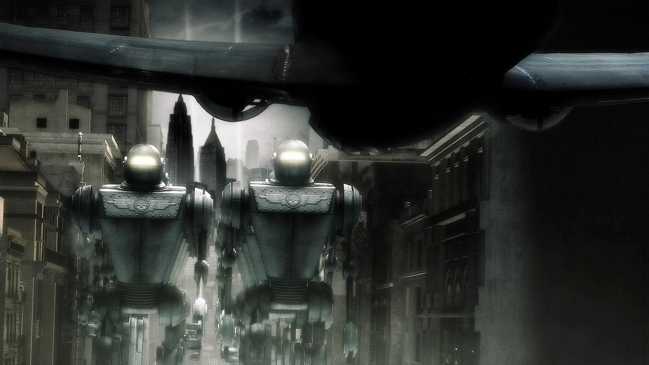 Während Polly sich mit einem Informanten in der Radio City Hall trifft, wird New York plötzlich von riesigen Robotern angegriffen ... - Bildquelle: TM & Copyright   Brooklyn Films II And Filmauro S.R.L.