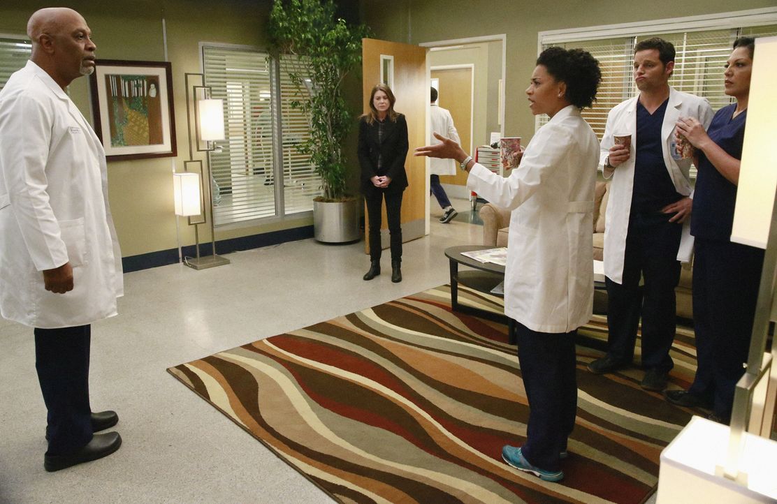 Meredith (Ellen Pompeo, 2.v.l.) versucht, ihren Kollegen Richard (James Pickens, Jr., l.), Alex (Justin Chambers, 2.v.r.), Callie (Sara Ramirez, r.)... - Bildquelle: ABC Studios
