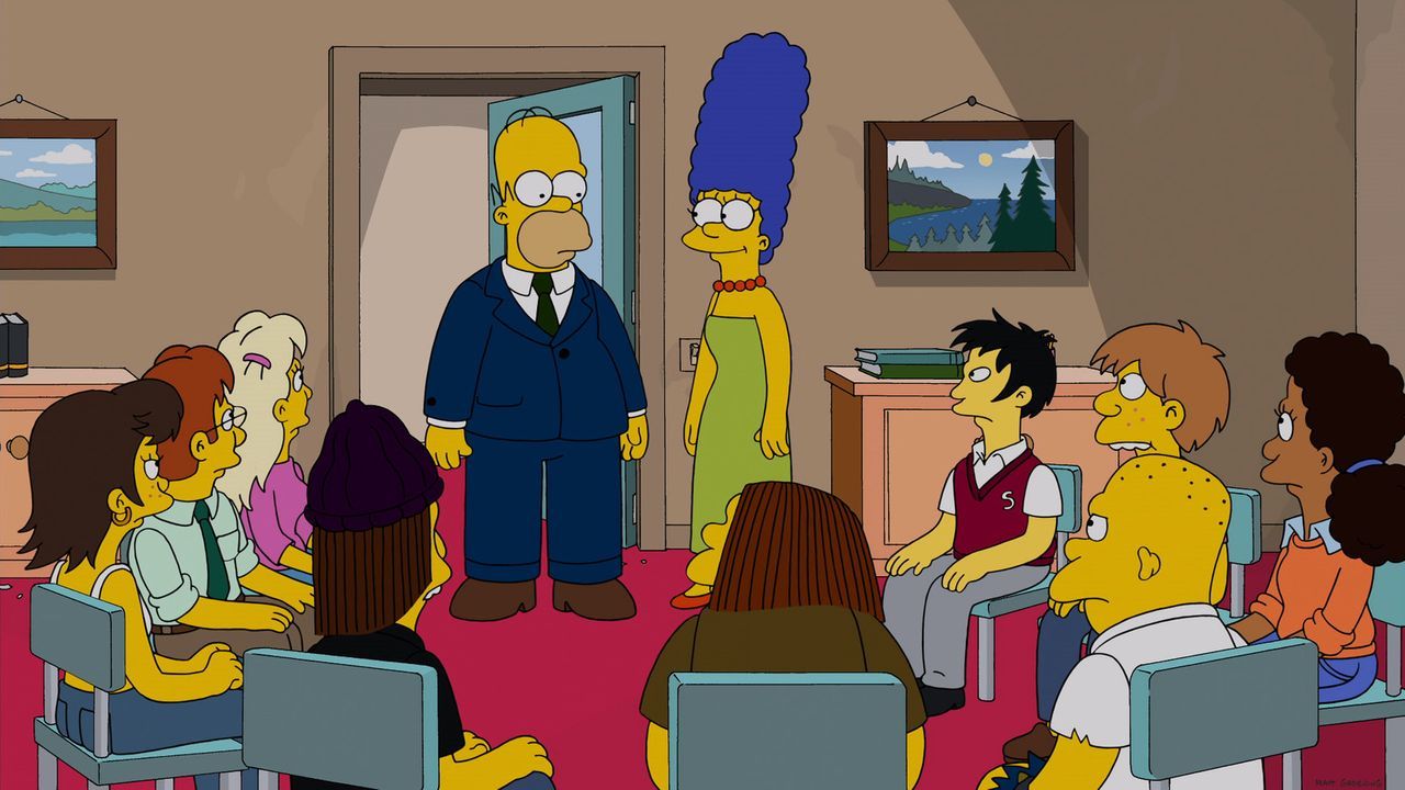 Homer (stehend, l.) und Marge (stehend, r.) sind zusammen mit ihren Kindern ins Forschungszentrum der Firma Monsano eingeladen worden. Zu verdanken... - Bildquelle: 2013 Twentieth Century Fox Film Corporation. All rights reserved.