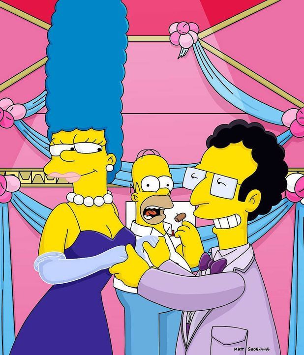 Als Marges (l.) steinreicher Ex-Freund Artie (r.) Homer (M.) eine Million Dollar für ein Wochenende mit seiner Frau anbietet, nimmt dieser in seiner... - Bildquelle: und TM Twenthieth Century Fox Film Corporation - Alle Rechte vorbehalten