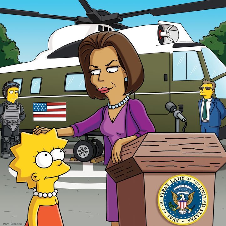 Lisa (l.) trifft auf Michelle Obama, die First Lady von Amerika (r.), die sie ermutigt ein geistiger Überflieger zu bleiben ... - Bildquelle: und TM Twentieth Century Fox Film Corporation - Alle Rechte vorbehalten