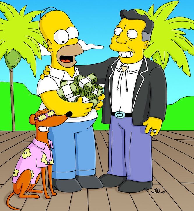 Homer Simpson (M.) winkt viel Geld und Ruhm, denn Knecht Ruprecht (l.) wird von H.K. Duff VII (r.) als neues Maskottchen der Duff-Brauerei auserwäh... - Bildquelle: TWENTIETH CENTURY FOX FILM CORPORATION