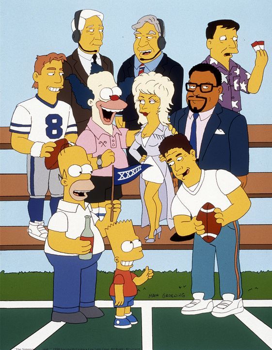 Nach dem Superbowl kommt es zu einem Gruppenfoto mit Dolly Parton (M). Homer (unten l.) und Bart (unten M.) sind mit von der Partie ... - Bildquelle: und TM Twenthieth Century Fox Film Corporation - Alle Rechte vorbehalten