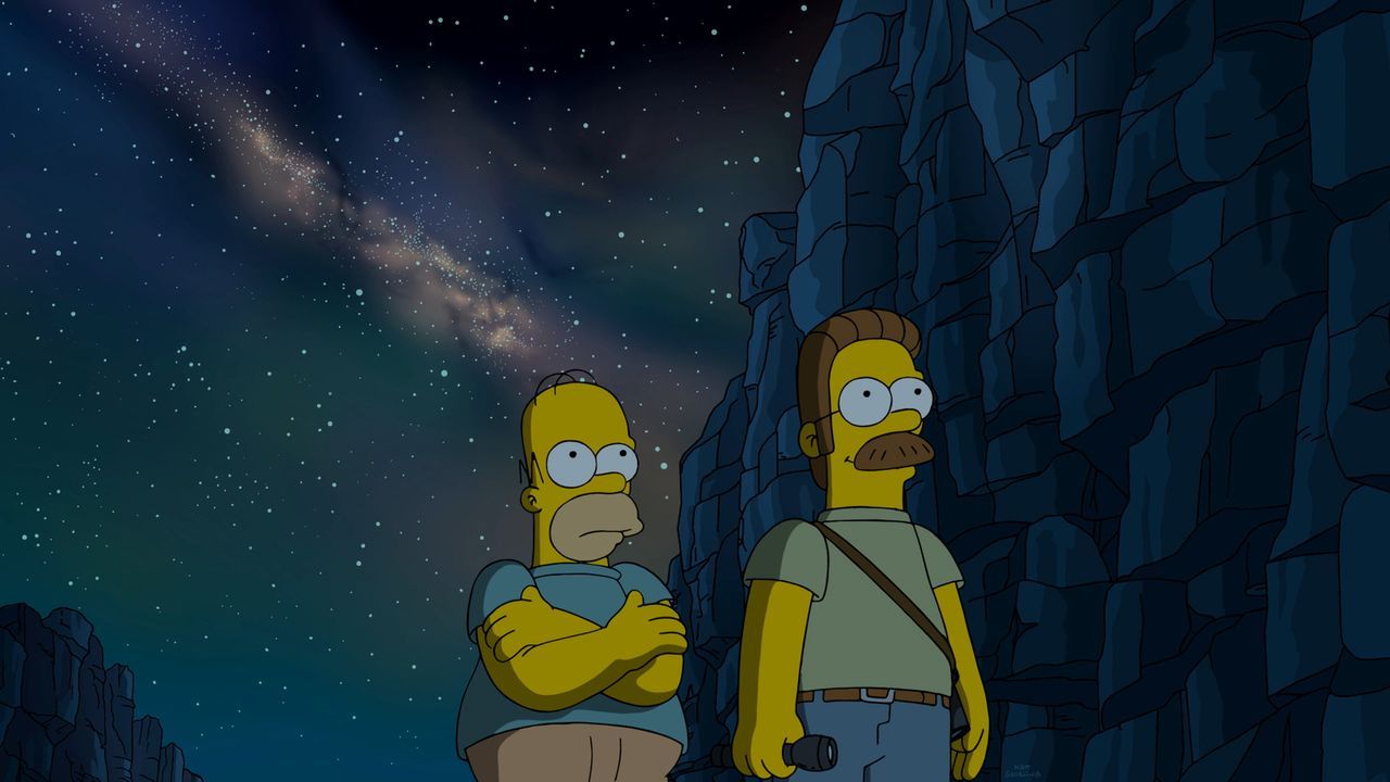 Maggie will mal wieder nicht schlafen und deswegen erzählt ihr Homer (l.) eine ganz besondere Gute-Nacht-Geschichte von sich und Ned Flanders (r.) .... - Bildquelle: 2015 Fox and its related entities.  All rights reserved.