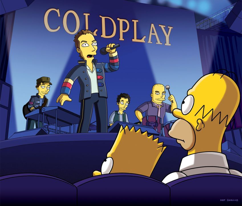 Homer (vorne r.) hat in Lotto gewonnen und genießt daraufhin mit Bart (vorne l.) ein Spezialkonzert von Coldplay ... - Bildquelle: und TM Twentieth Century Fox Film Corporation - Alle Rechte vorbehalten