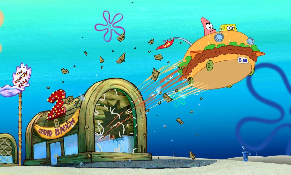 Im Burgermobil machen sich Patrick (l.) und Spongebob (r.) auf den Weg nach Shell City ... - Bildquelle: Copyright   2004 PARAMOUNT PICTURES and VIACOM INTERNATIONAL INC. All Rights Reserved. NICKELODEON, SPONGEBOB SQUAREPANTS and all related titles, logo