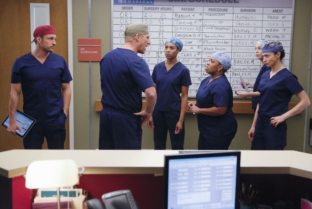 Owen (Kevin McKidd, 2.v.l.) kann nicht verstehen, warum Bailey (Chandra Wilson, 3.v.l.) Dr. Nathan Riggs (Martin Henderson, l.) eingestellt hat, und... - Bildquelle: Vivian Zink ABC Studios