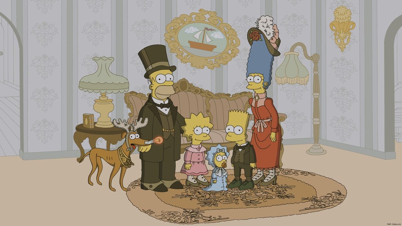Die Simpsons anno dazumal: Hund Knecht Ruprecht (l.), Homer (2.v.l.), Lisa (3.v.l.), Maggie (3.v.r.), Bart (2.v.r.) und Marge (r.) ... - Bildquelle: 2013 Twentieth Century Fox Film Corporation. All rights reserved.