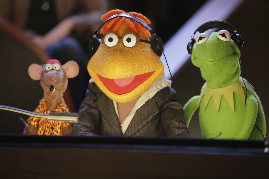 Kermit (r.) und Rizzo (l.) sind begeistert, weil Scooter (M.) die Schauspielerin Chelsea Handler zu Miss Piggy in die Show eingeladen hat ... - Bildquelle: Nicole Wilder ABC Studios