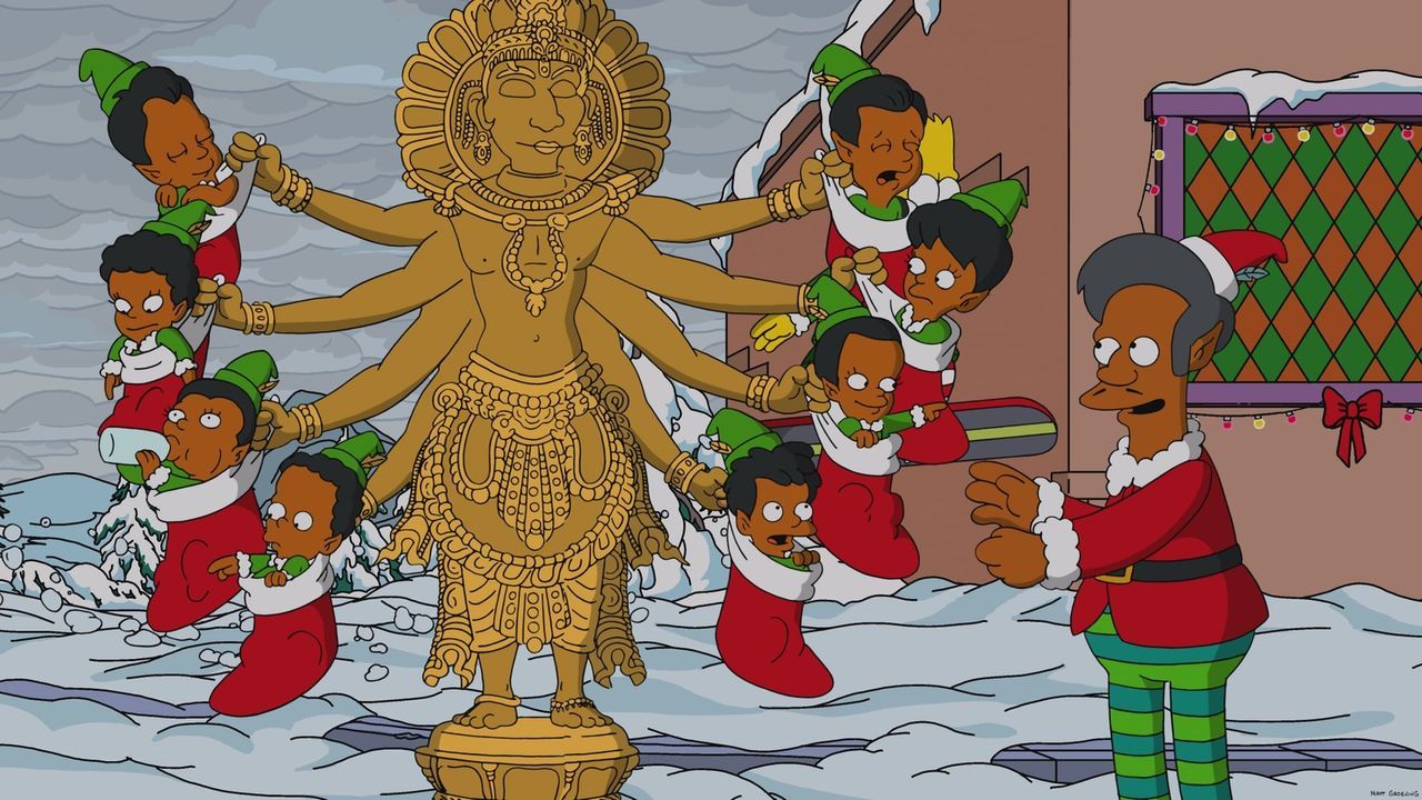 Apu (r.) feiert Weihnachten im verschneiten Springfield auf seine eigene Art und huldigt seinen indischen Wurzeln mit einer weihnachtlichen Version... - Bildquelle: 2013 Twentieth Century Fox Film Corporation. All rights reserved.