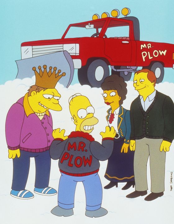 Es liegt Schnee in Springfield, und Barney (l.) und Homer (2.v.l.) sind beide im Besitz eines Schneepflugs. Linda Ronstadt (2.v.r.) und ein Manager... - Bildquelle: und TM Twenthieth Century Fox Film Corporation - Alle Rechte vorbehalten