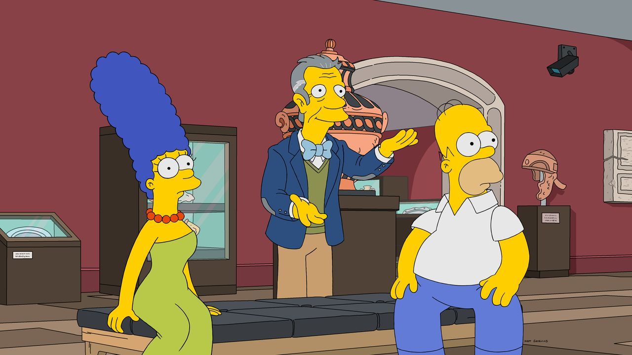(v.l.n.r.) Marge; Museumskurator; Homer - Bildquelle: 2020 by Twentieth Century Fox Film Corporation.