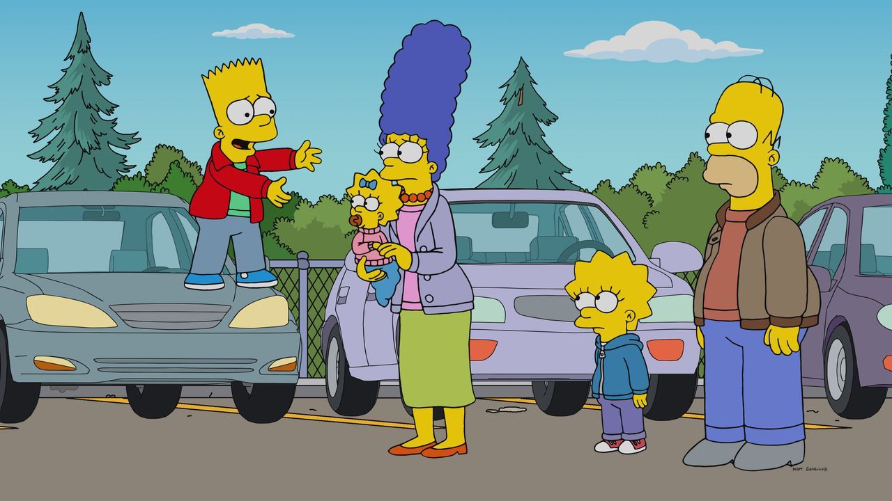 (v.l.n.r.) Bart; Maggie; Marge; Lisa; Homer - Bildquelle: © 2022 by 20th Television.