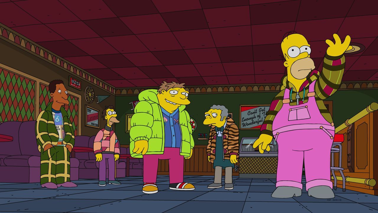 (v.l.n.r.) Lou; Lenny; Barney; Moe; Homer - Bildquelle: © 2022 by 20th Television.