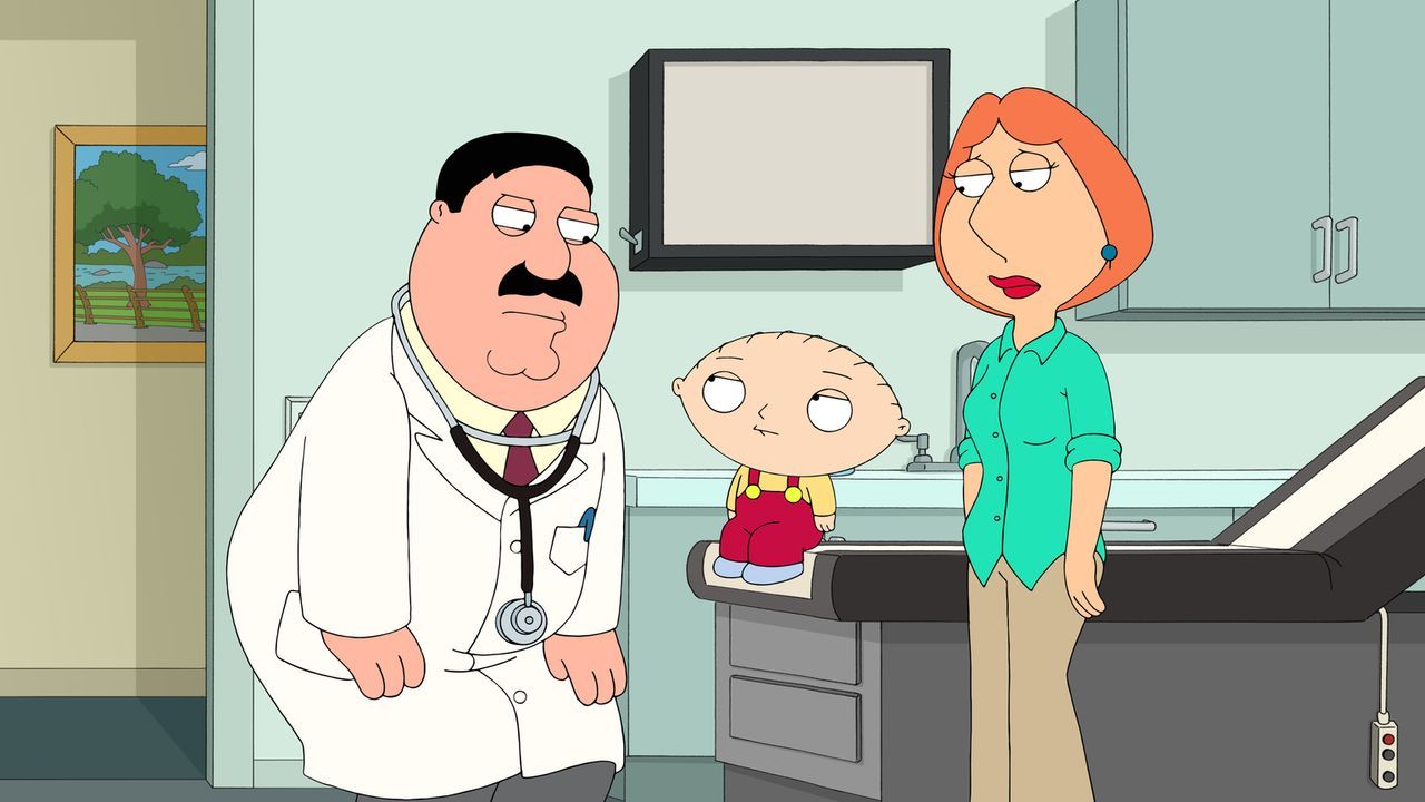 Bei einem Arztbesuch wird bei Stewie (M.) ADHS diagnostiziert. Während Lois (r.) sich Sorgen macht, versucht Brian, Vorteile für sich herauszuziehen... - Bildquelle: 2015-2016 Fox and its related entities. All rights reserved.