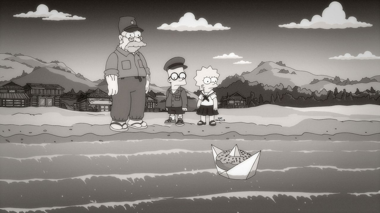 Um das Seemonster Homerzilla zu besänftigen, wirft Abraham (l.) ihm täglich einen Donut ins Meer. Bart (M.) und Lisa (r.) finden dies zwar überflüss... - Bildquelle: 2015 Fox and its related entities.  All rights reserved.