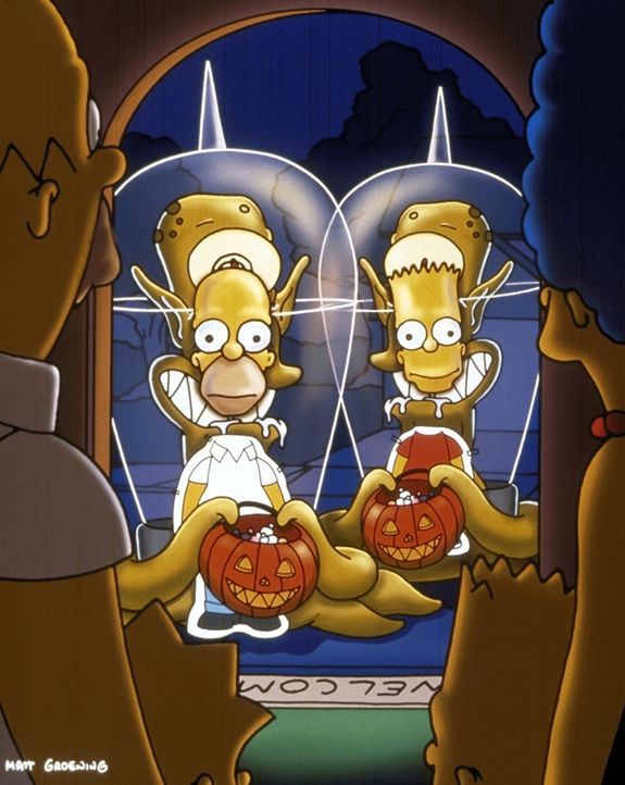 Um sich vor ihren Verfolgern zu verstecken, schlüpfen Homer (l.) und Bart (r.) in eine Fotopappwand. - Bildquelle: und TM Twenthieth Century Fox Film Corporation - Alle Rechte vorbehalten