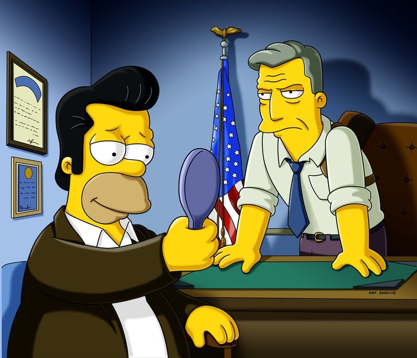 Ein FBI-Agent (r.) gibt Homer (l.) letzte Anweisungen für seinen bevorstehenden Einsatz als Undercoveragent. - Bildquelle: und TM Twentieth Century Fox Film Corporation - Alle Rechte vorbehalten
