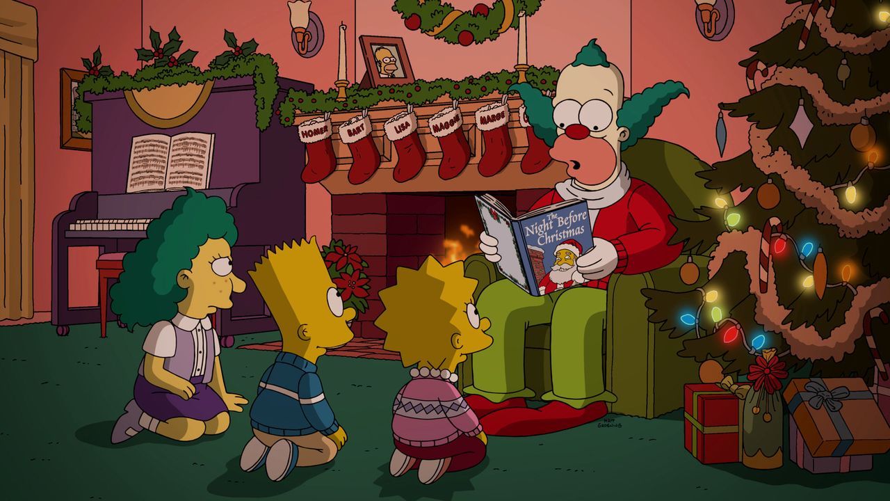 Es scheint, als würde Krusty (r.) zu Weihnachten den Kindern (v.l.n.r.) Sophie, Bart und Lisa schöne Weihnachtsgeschichten vorlesen, doch bei ihm is... - Bildquelle: 2016-2017 Fox and its related entities. All rights reserved.