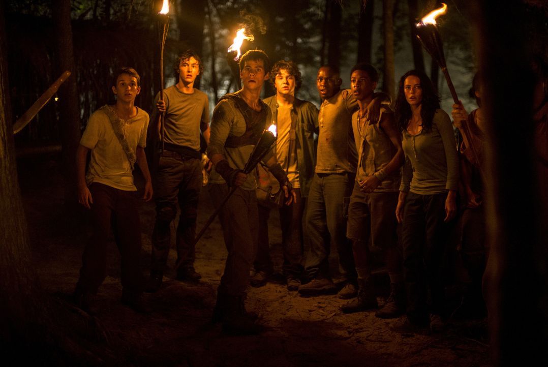 Die unter Gedächtnisverlust leidenden Jugendlichen Thomas (Dylan O'Brien, 3.v.l.), Alby (Aml Ameen, 3.v.r.), Jeff (Jacob Latimore, 2.v.r.) und Teres... - Bildquelle: 2014 Twentieth Century Fox Film Corporation.  All rights reserved.