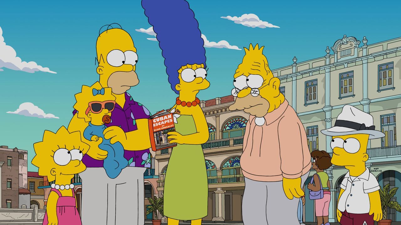 Da niemand es schafft, Grampa zu helfen und seine Schmerzen zu lindern, reisen Homer (3.v.l.), Marge (3.v.r.), Lisa (l.) Bart, (r.) und Maggie (2.v.... - Bildquelle: 2016-2017 Fox and its related entities. All rights reserved.
