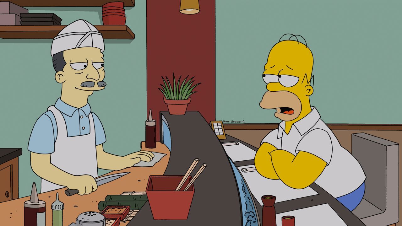 Während Milhouse eine Taktik sucht, wie er Lisa rumkriegen kann, sucht Homer (r.) nach einem Fauxpas Rat beim Küchenchef (l.) ... - Bildquelle: und TM Twentieth Century Fox Film Corporation - Alle Rechte vorbehalten