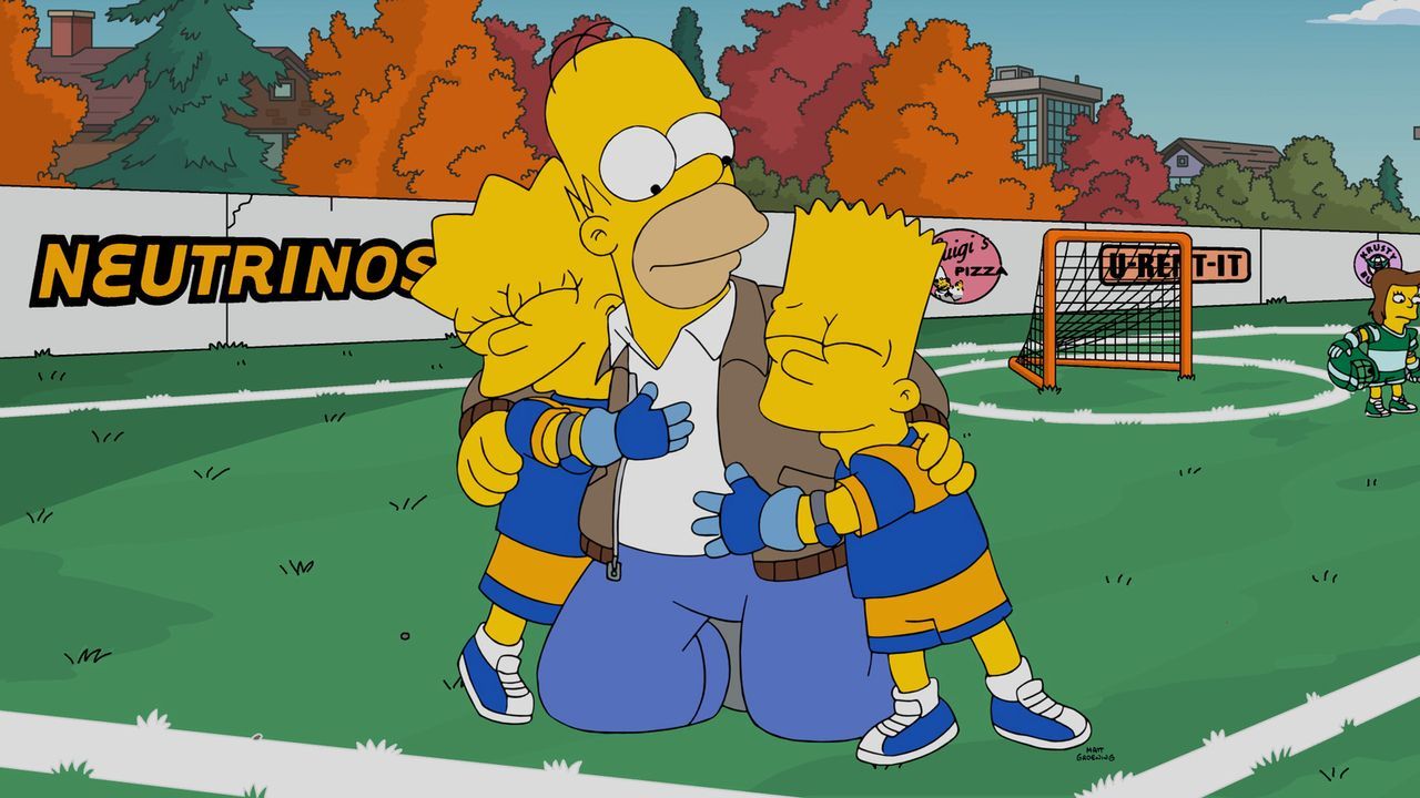 Seinen Kindern Bart (r.) und Lisa (l.) zur Liebe tut Homer fast alles (M.), doch als er mit Milhouses Vater Kirk ihr Lacrosseteam trainieren soll, g... - Bildquelle: 2016-2017 Fox and its related entities. All rights reserved.