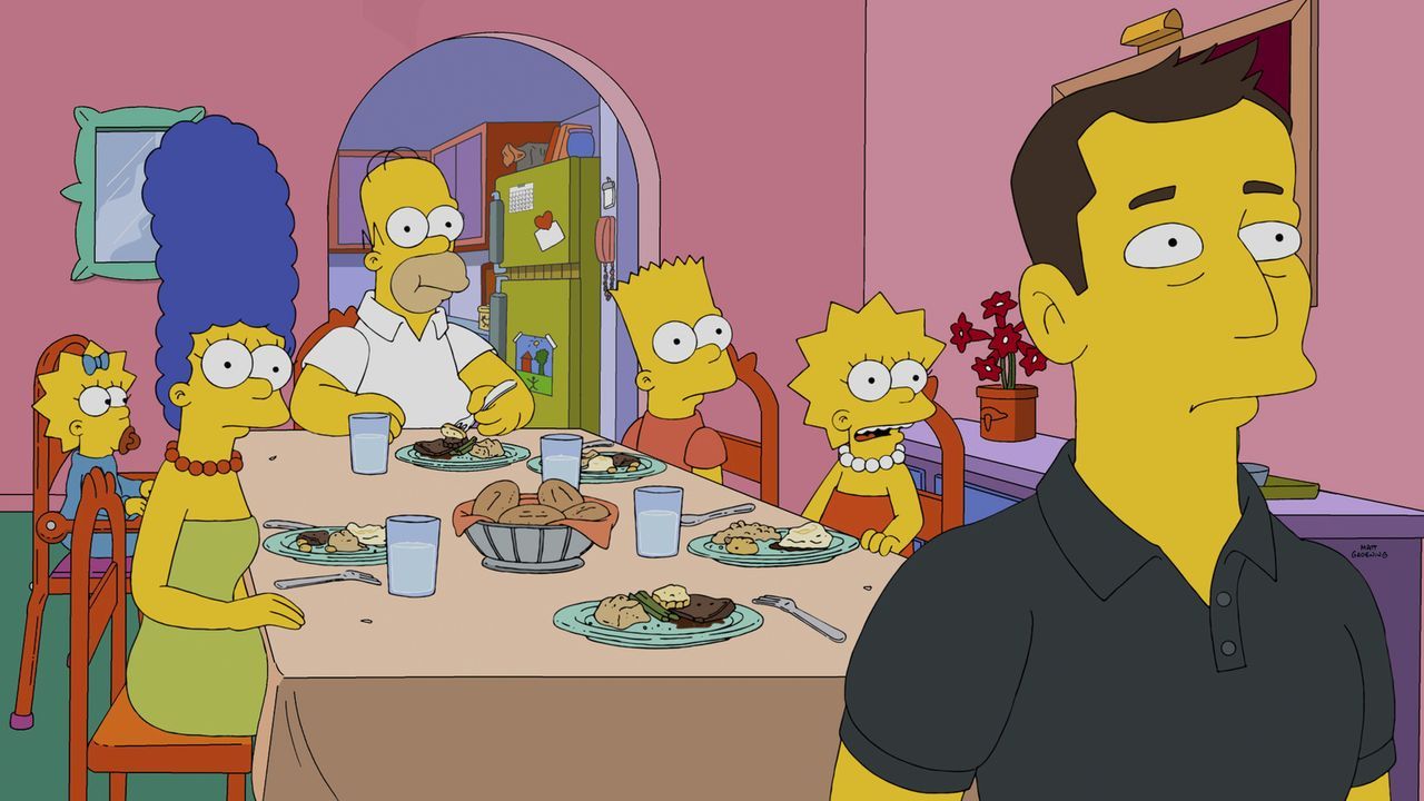 Ist Elon Mosk (r.) wirklich so nobel, wie die Simpsons (v.l.n.r. Maggie, Marge, Homer, Bart und Lisa) denken? - Bildquelle: 2014 Twentieth Century Fox Film Corporation. All rights reserved.