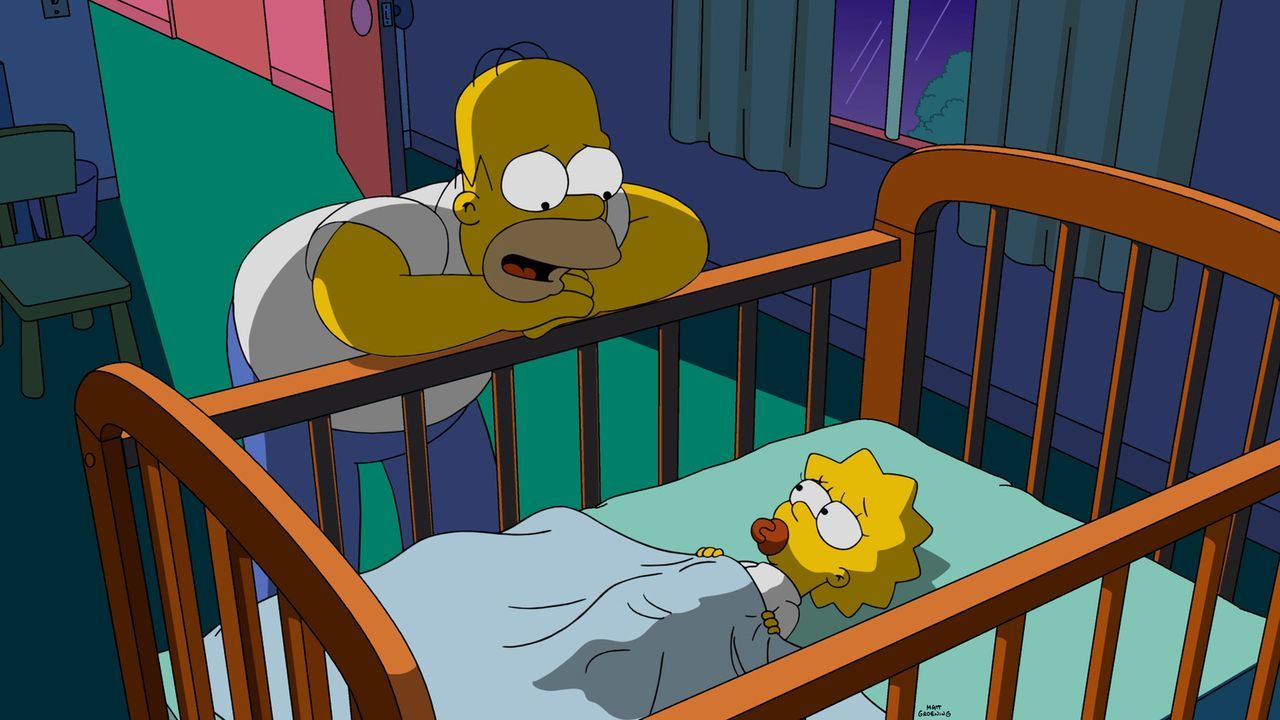 Als Maggie (r.) eines Abends mal wieder nicht schlafen will, erzählt Homer (l.) ihr eine ganz besondere Gute-Nacht-Geschichte ... - Bildquelle: 2015 Fox and its related entities.  All rights reserved.