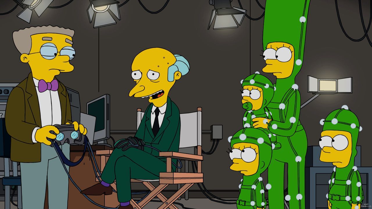Um eine virtuelle Version seiner Familie nachzustellen, heuert Mr. Burns (2.v.l.) Lisa (3.v.l.), Maggie (3.v.r.), Marge (2.v.r.) und Bart (r.) an, d... - Bildquelle: 2016-2017 Fox and its related entities. All rights reserved.