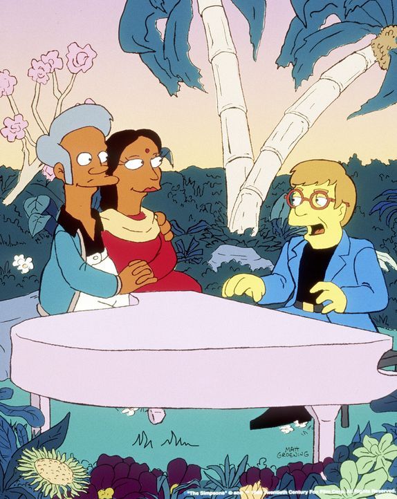 Zum Valentinstag hat Apu (l.) für Manjula (M.) Elton John (r.) eingeladen. - Bildquelle: und TM Twenthieth Century Fox Film Corporation - Alle Rechte vorbehalten