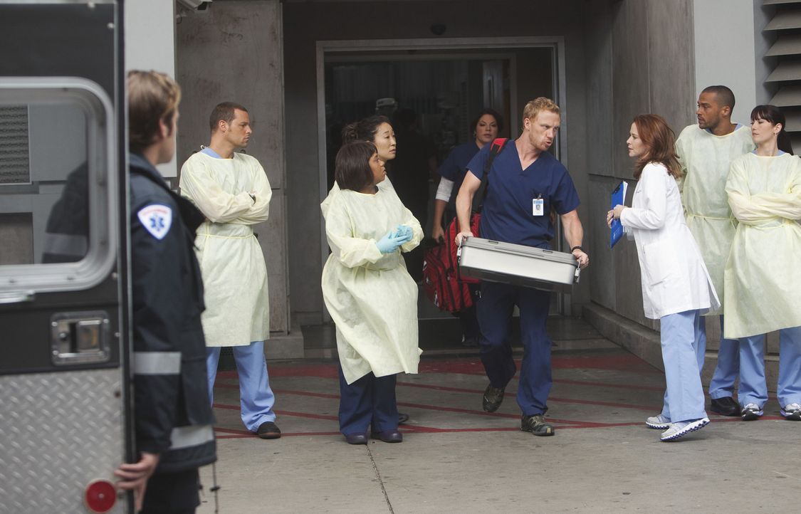 Als sich in Seattle ein Erdloch auftut, müssen Alex (Justin Chambers, 2.v.l.), Bailey (Chandra Wilson, 3.v.l.), Cristina (Sandra Oh, 4.v.l.), Calli... - Bildquelle: ABC Studios