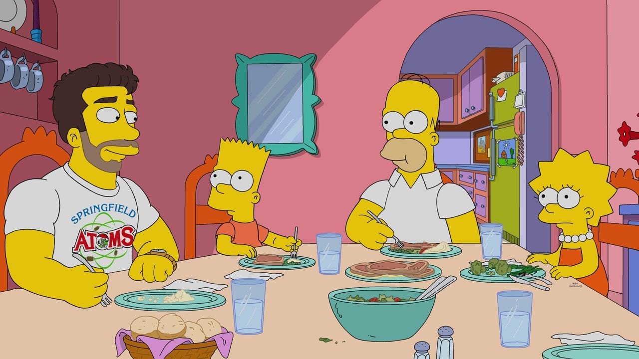 (v.l.n.r.) Grayson Mathers; Bart; Homer; Lisa - Bildquelle: 2021 by 20th Television