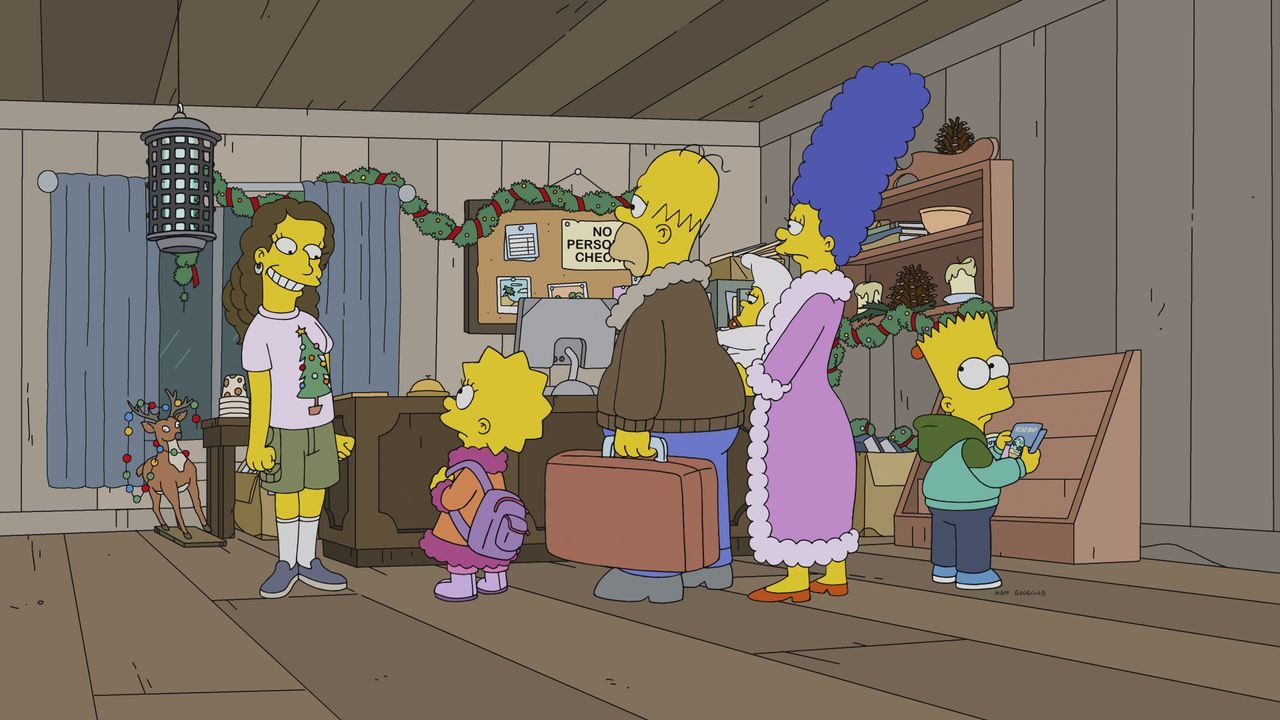 Lisa (2.v.l.); Homer (3.v.l.); Maggie (3.v.r.); Marge (2.v.r.); Bart (r.) - Bildquelle: 2018-2019 Fox and its related entities. All rights reserved.