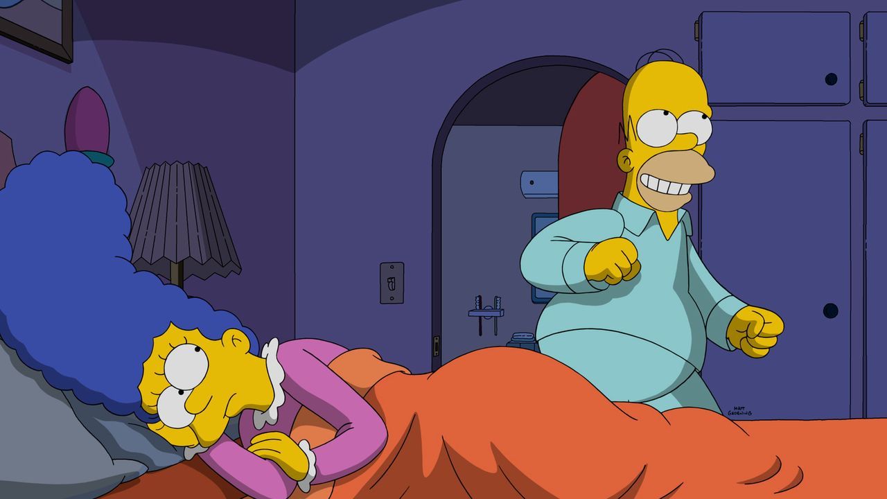 Währen Marge einfach nur schlafen möchte (l.), hat Homer (r.) eine grandios...