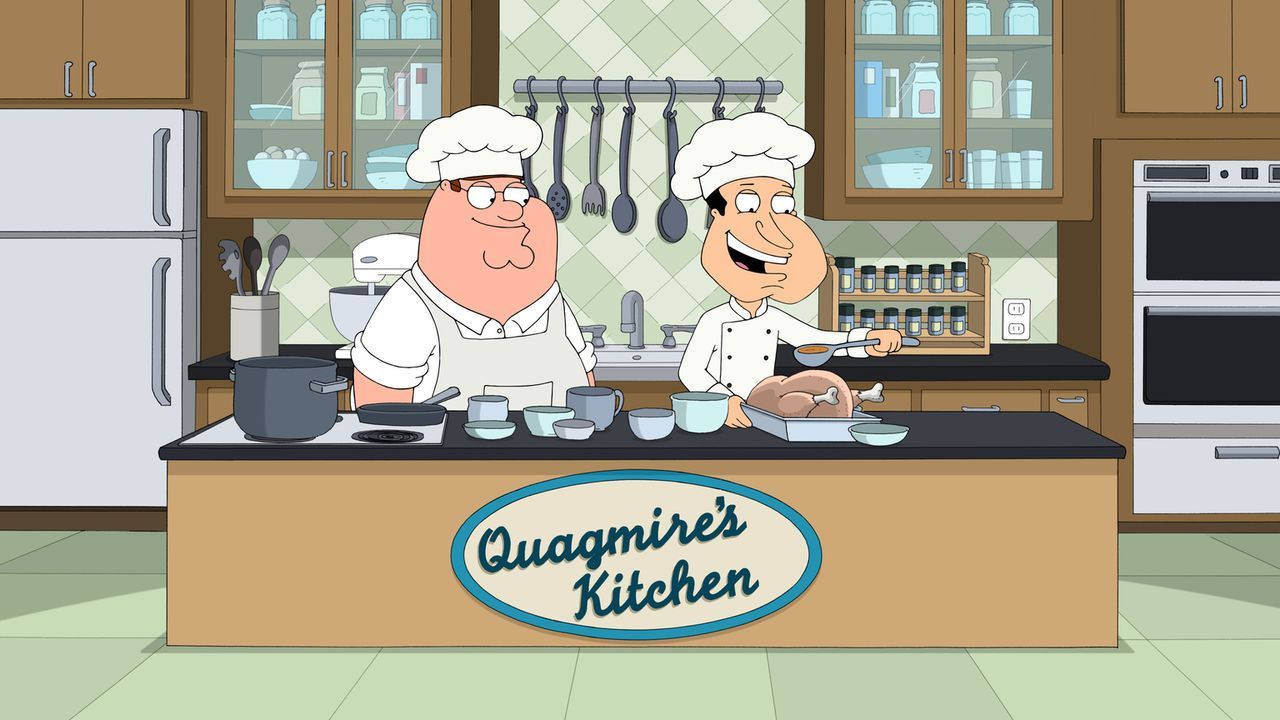 Als Peter (l.), Joe und Cleveland erfahren, dass Quagmires (r.) ein guter Koch ist, überreden sie ihn, sich auf eine Stelle als Fernsehkoch zu bewer... - Bildquelle: 2015-2016 Fox and its related entities. All rights reserved.