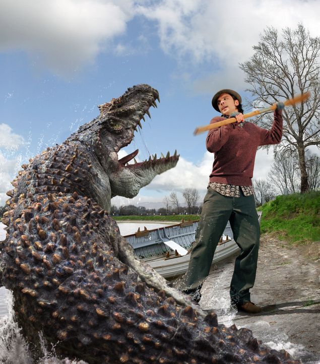 Connor (Andrew Lee Potts)  versucht sich gegen ein Mosasaurus zu wehren ... - Bildquelle: ITV Plc