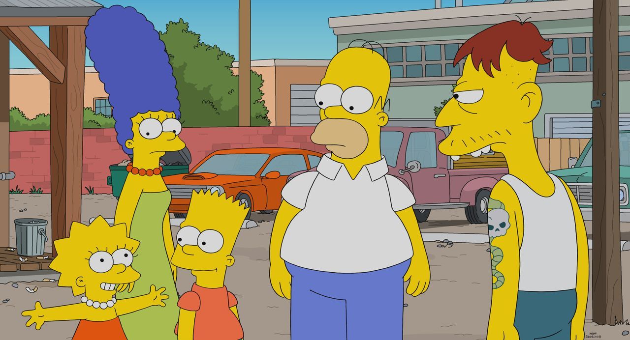 (v.l.n.r.) Lisa; Marge; Bart; Homer; Cletus - Bildquelle: 2021 by 20th Television.