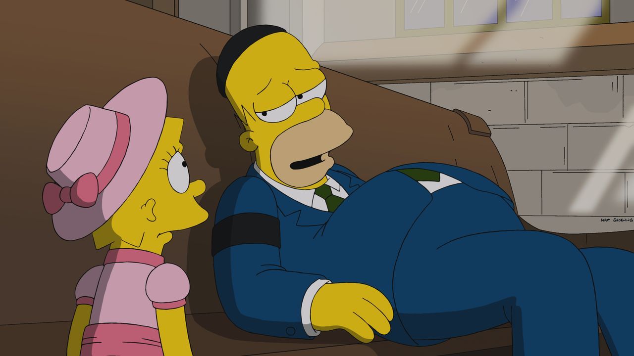 Der Tod eines Springfielders lässt Lisa (l.) erkennen, wie schlecht es um die Gesundheit ihres Vaters Homer (r.) wirklich steht ... - Bildquelle: 2014 Twentieth Century Fox Film Corporation. All rights reserved.