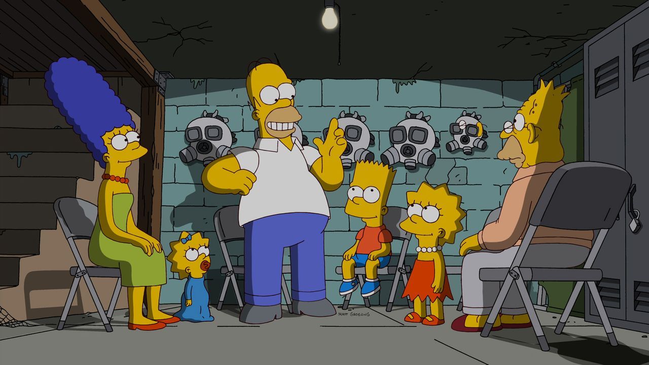 Ahnen nicht, dass sie schon bald aus Springfield verstoßen werden sollen: Homer (3.v.l.), Marge (l.), Bart (3.v.r.), Lisa (2.v.r.), Maggie (2.v.l.)... - Bildquelle: und TM Twentieth Century Fox Film Corporation - Alle Rechte vorbehalten